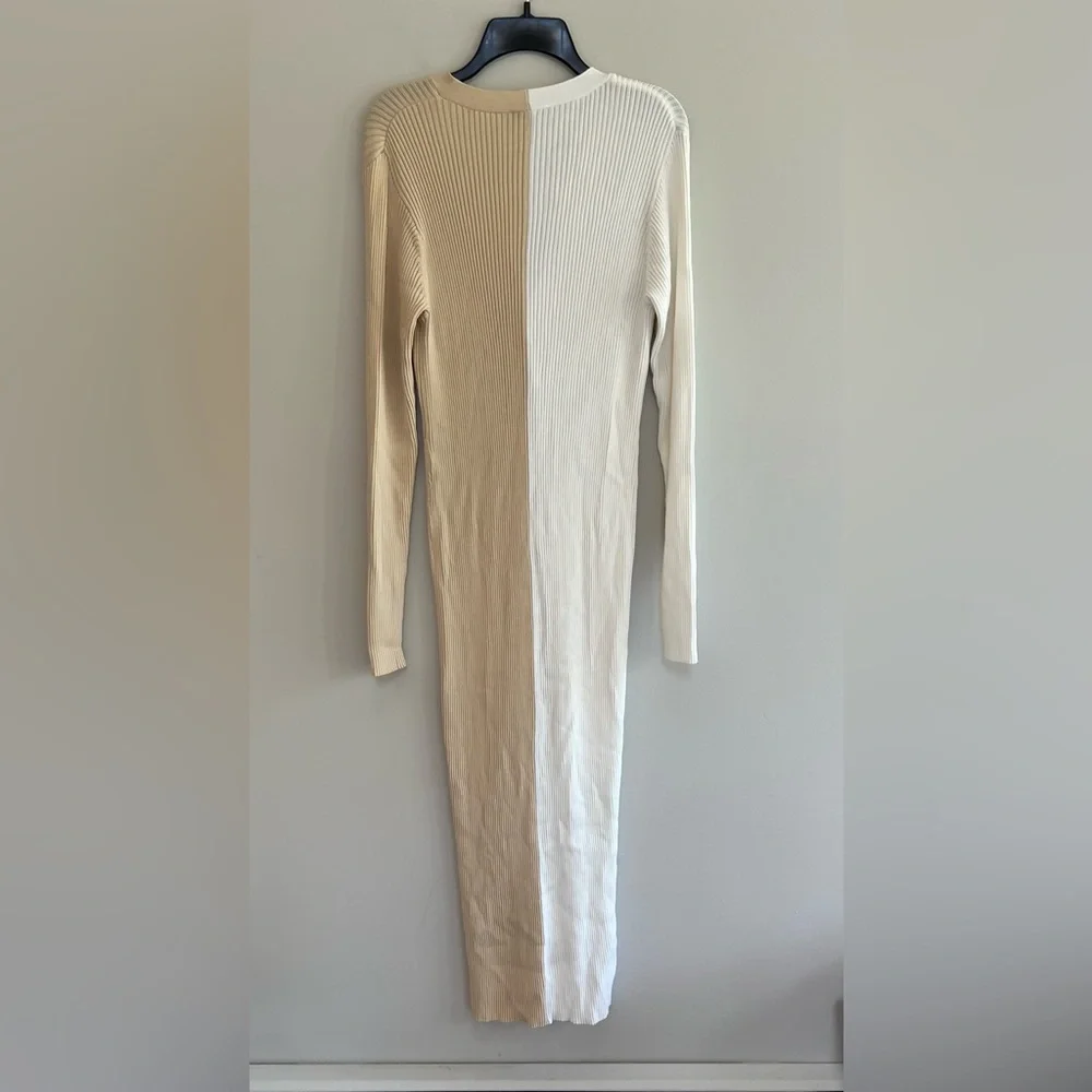 STAUD Shoko Colorblock Ribbed Button Front Sweater Dress, White/Beige, XL - Picture 3 of 7